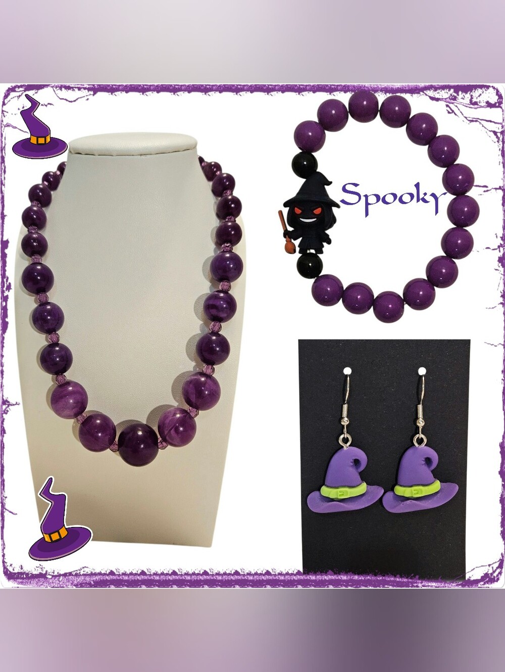 🎃 Halllween Set-Purple Bead Necklace,  Witch Charm Bracelet, Witch Hat Earrings